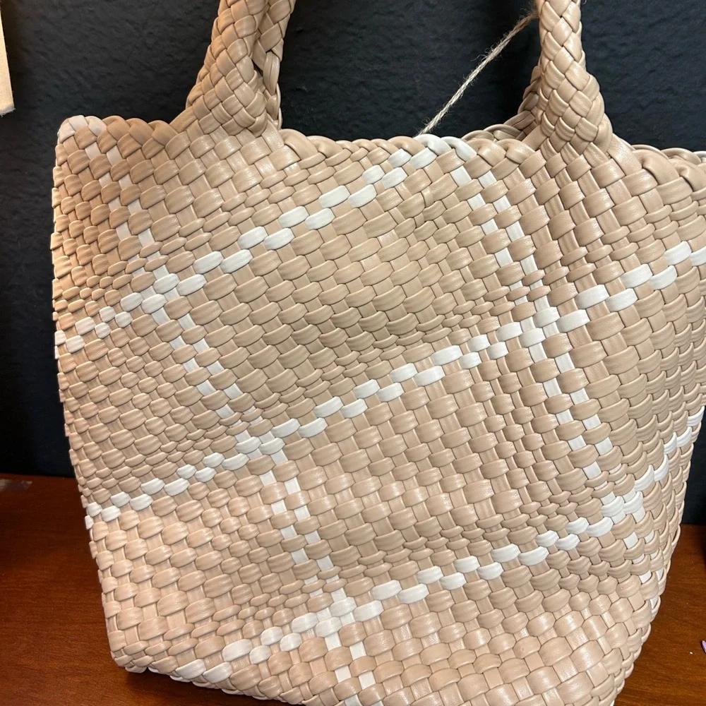 E/N Expressions NYC Vegan‎ Leather Woven Shoulder Tote Bag Beige and cream NWT
